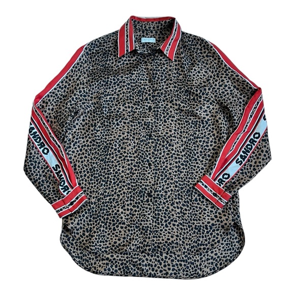 SANDRO Animal Print Oversized Silk Blouse - Picture 2 of 11